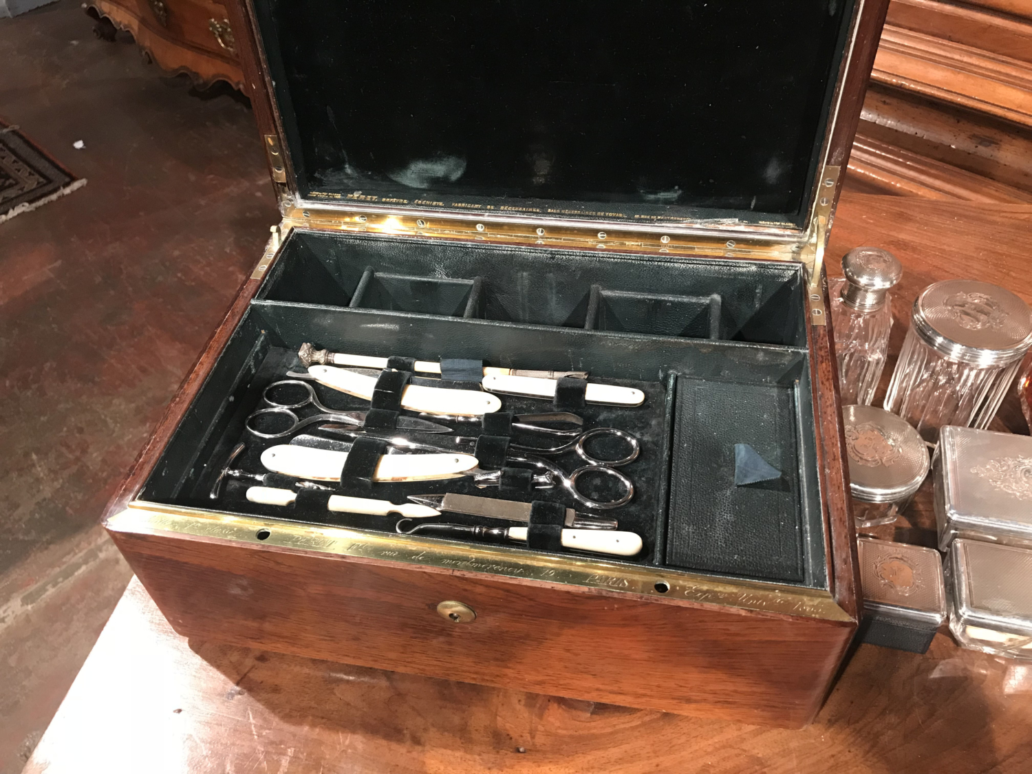 French .950 Silver, Enamel, and Glass Traveling Vanity Case