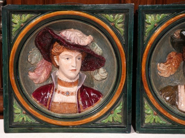 Pair of 19th Century, French Hand-Painted Barbotines Plaques with Relief