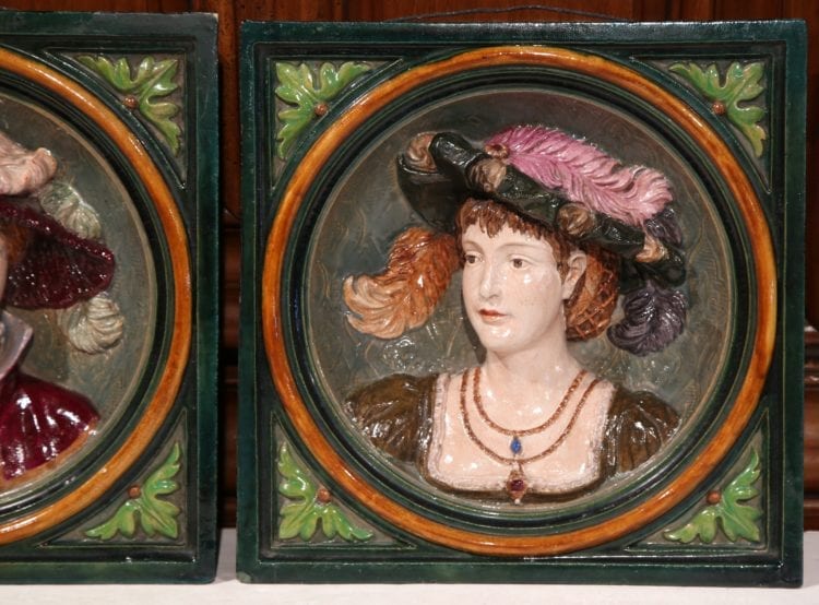 Pair of 19th Century, French Hand-Painted Barbotines Plaques with Relief