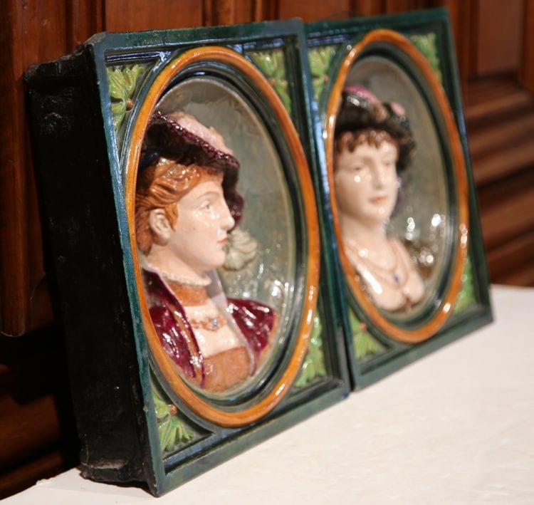 Pair of 19th Century, French Hand-Painted Barbotines Plaques with Relief