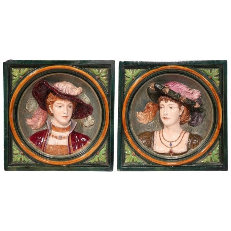 Pair of 19th Century, French Hand-Painted Barbotines Plaques with Relief