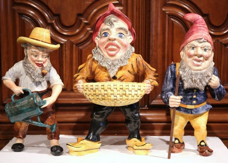 Set of Three Mid-Century French Hand-Painted Barbotine Gnomes Figurines