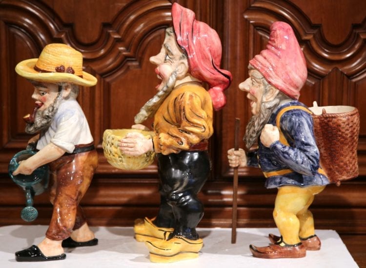 Set of Three Mid-Century French Hand-Painted Barbotine Gnomes Figurines