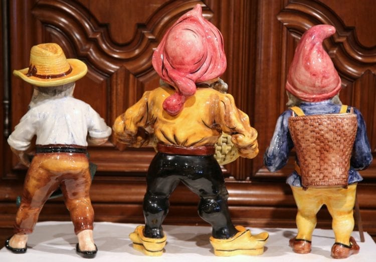 Set of Three Mid-Century French Hand-Painted Barbotine Gnomes Figurines