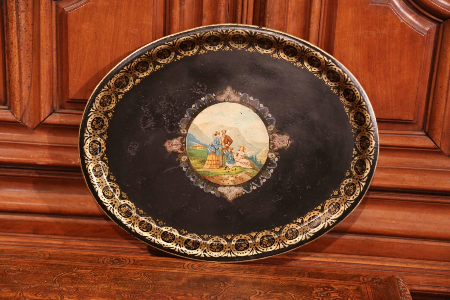 19th Century French Napoleon III Hand-Painted Oval Tole Tray with ...