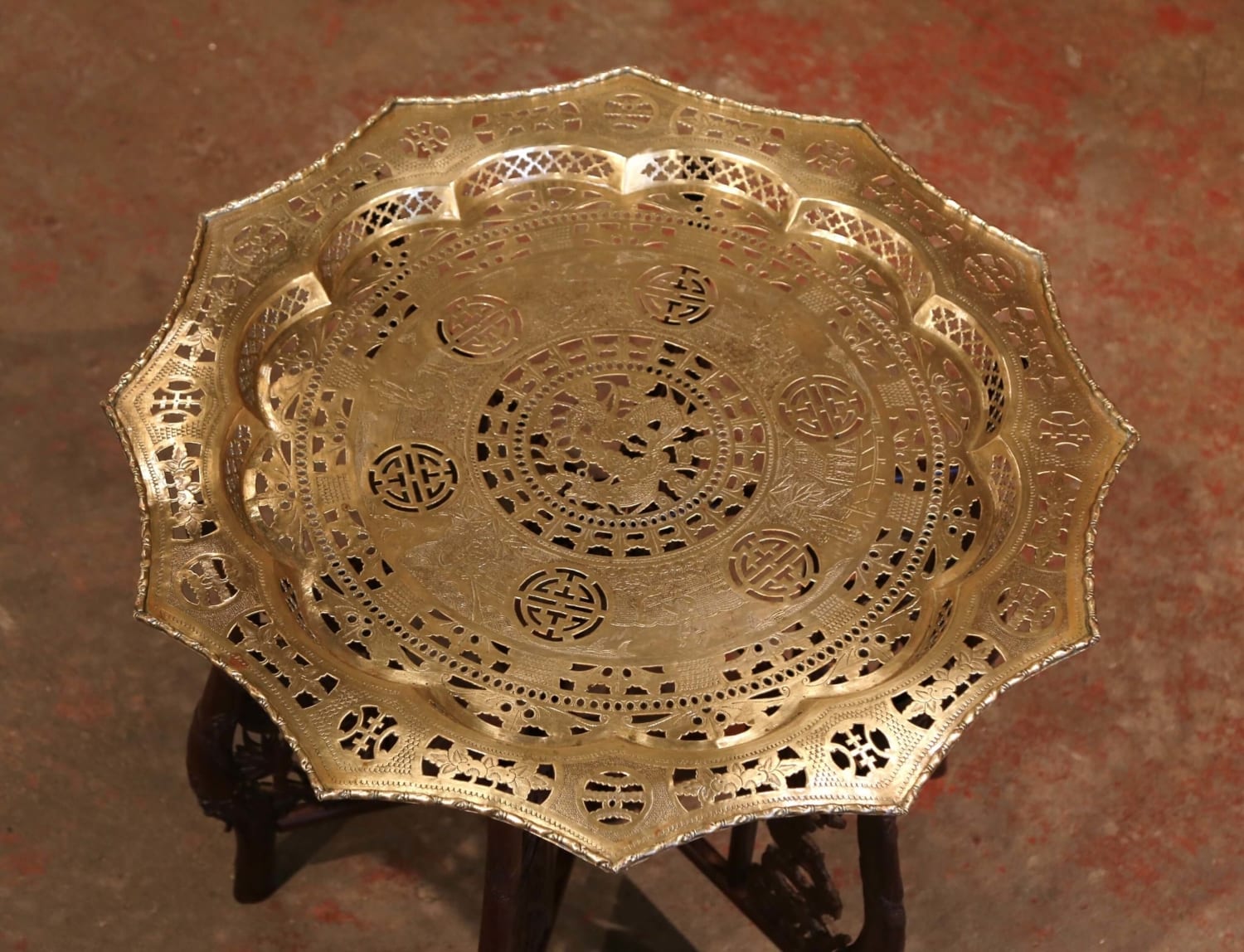 Moroccan Traditional Tea Table Engraved Brass Tray Top Folding