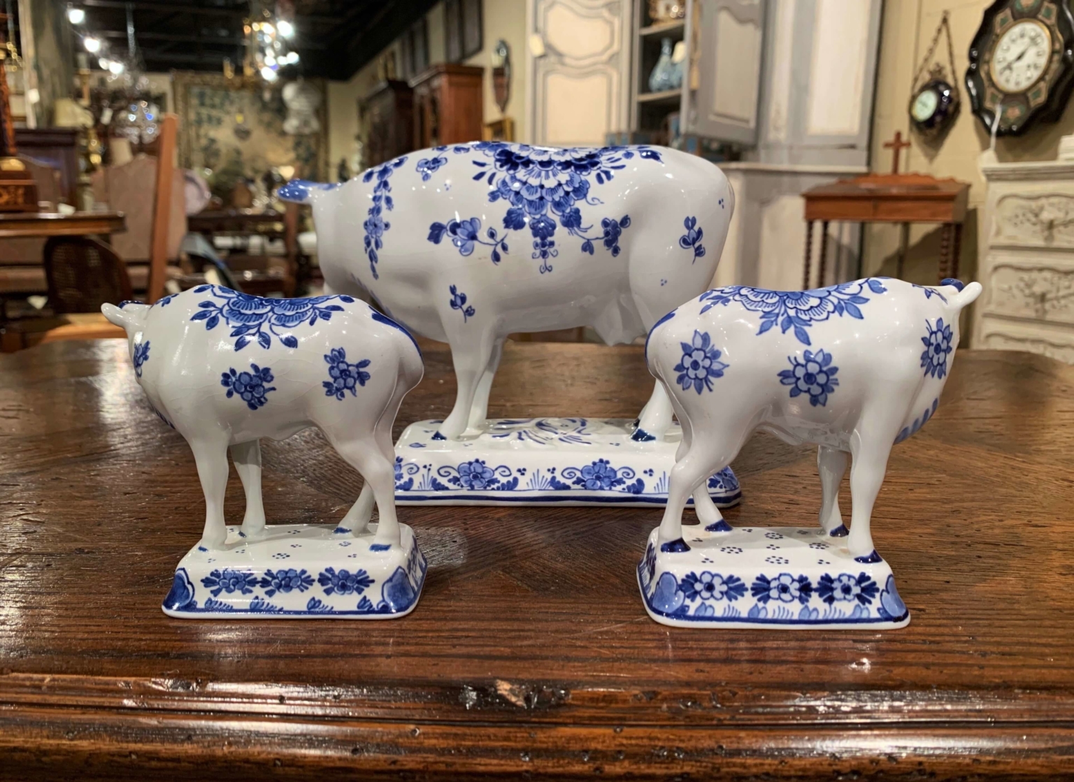Set of Three Midcentury Dutch Hand Painted Porcelain Delft Cows