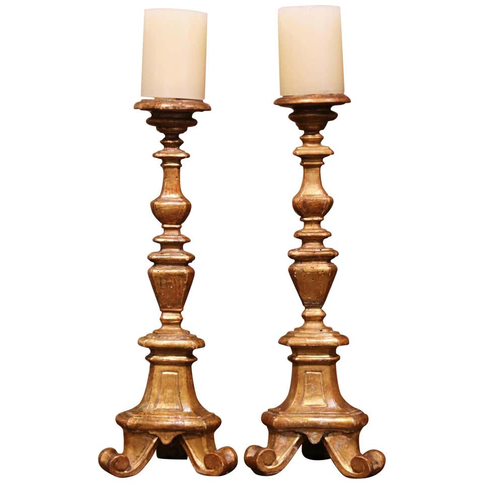 Pair of 19th Century Italian Carved Giltwood Cathedral Candlesticks -  Country French Interiors