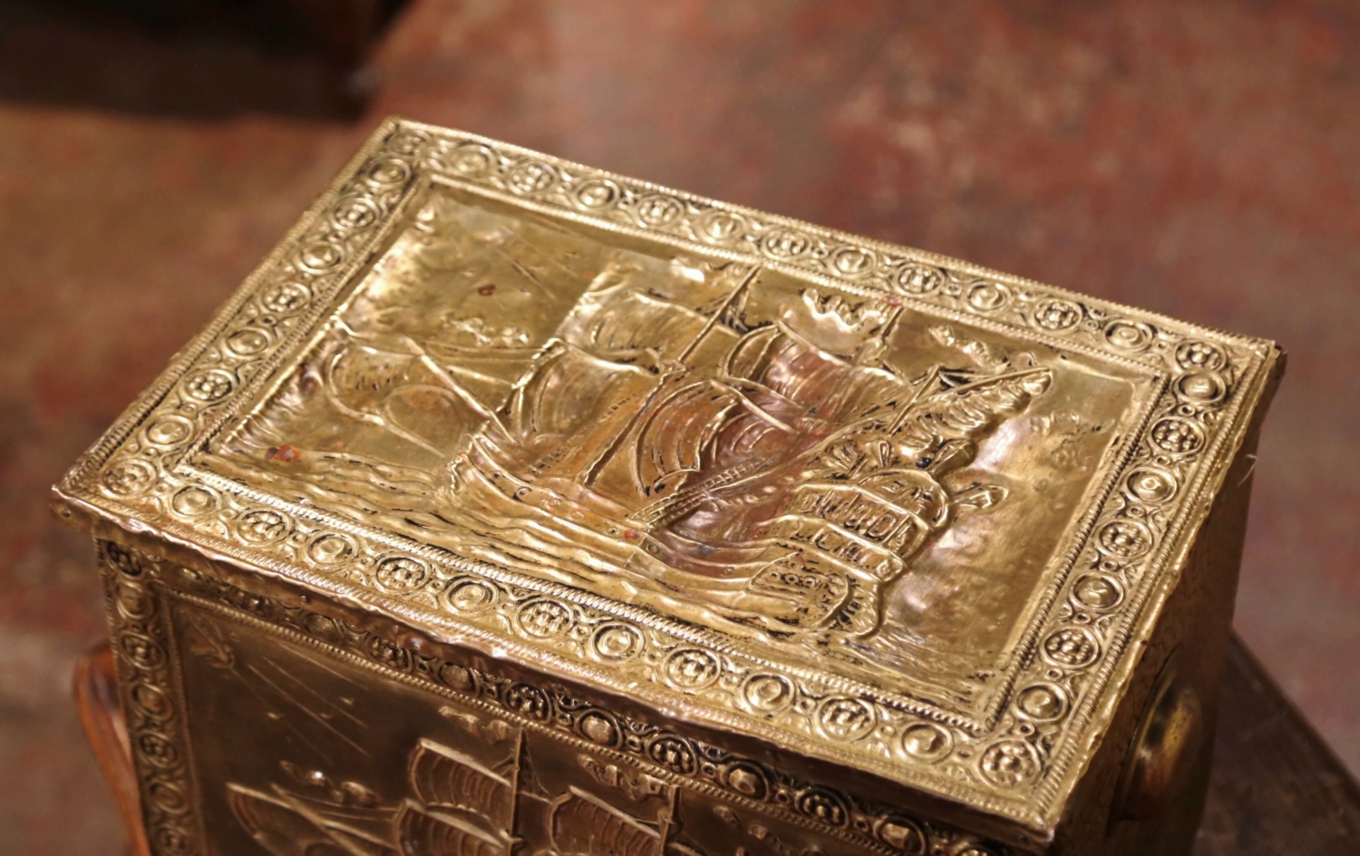 19th Century French Repousse Brass and Wood Box with Sailboat Decor -  Country French Interiors