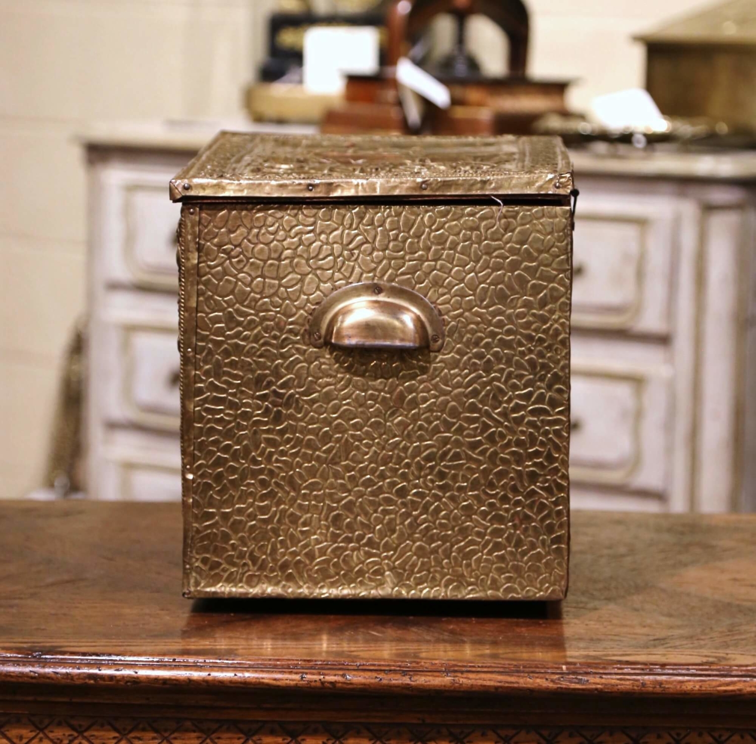 19th Century French Repousse Brass and Wood Box with Sailboat