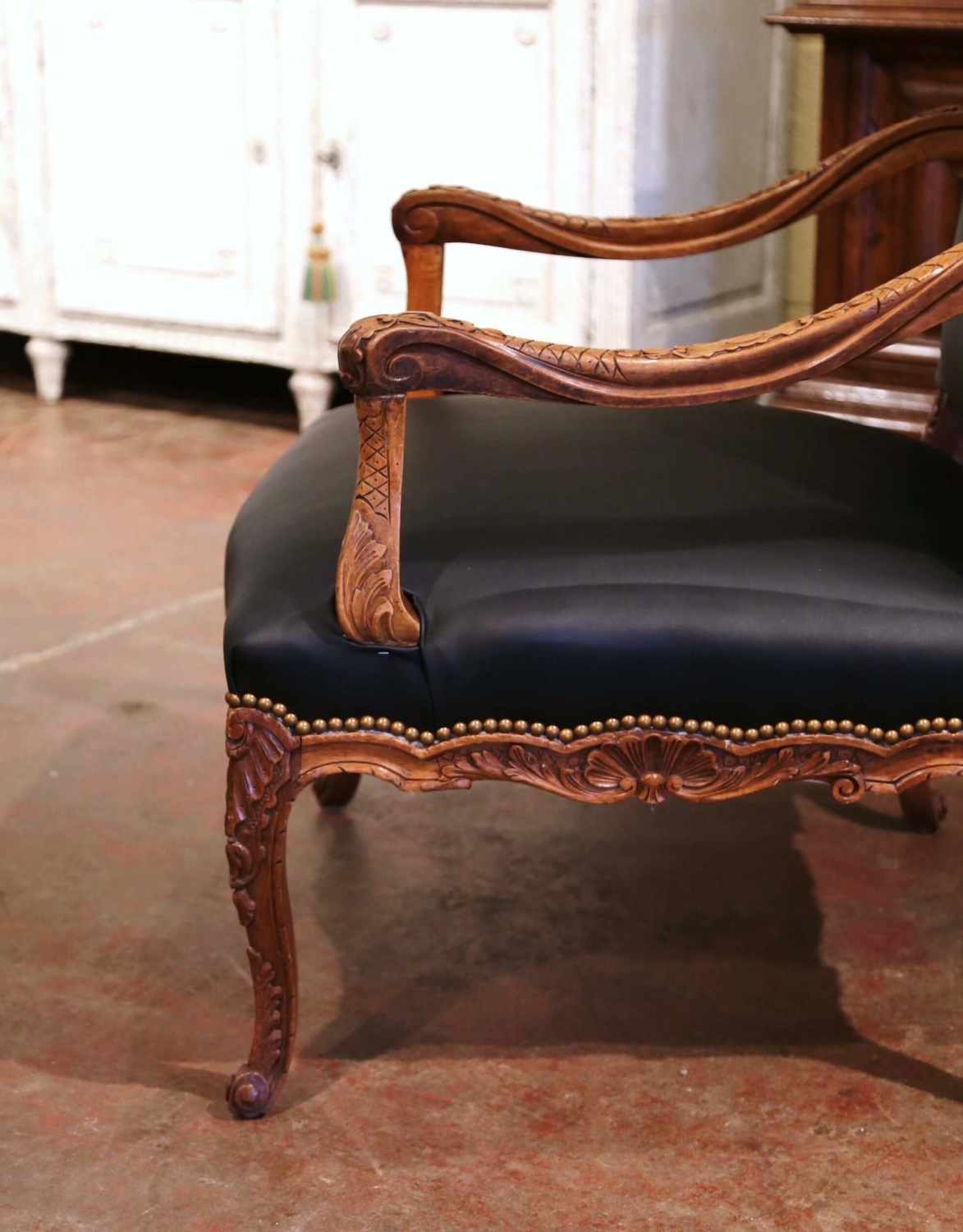 19th Century Louis XV Carved Walnut and Black Leather Armchair from  Provence - Country French Interiors