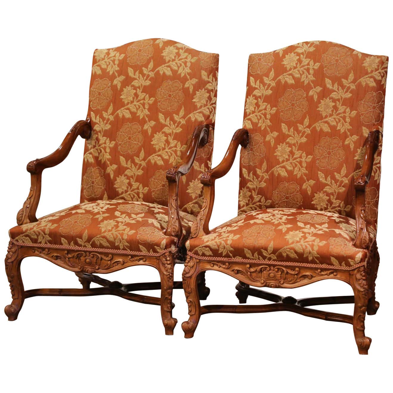 Antique pair of upholstered Louis XIV-style salon chairs, walnut