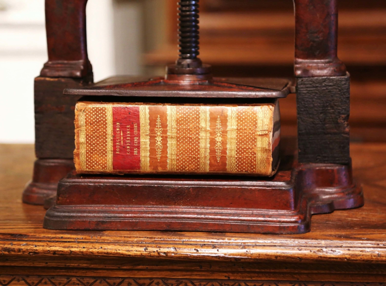 19th Century French Rust Red Painted Wrought Iron Book Binding Press with  Book - Country French Interiors