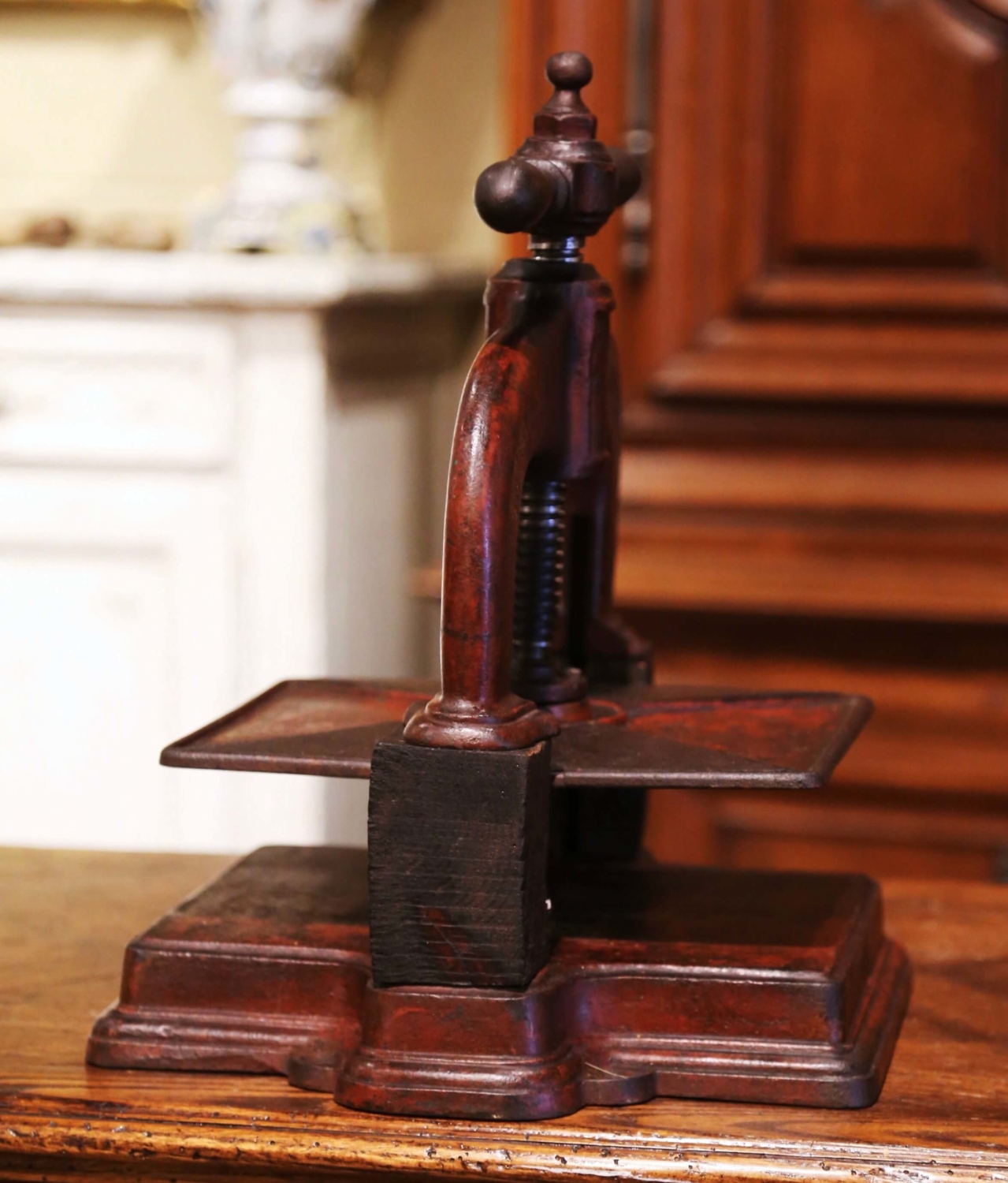 19th Century French Rust Red Painted Wrought Iron Book Binding Press with  Book - Country French Interiors