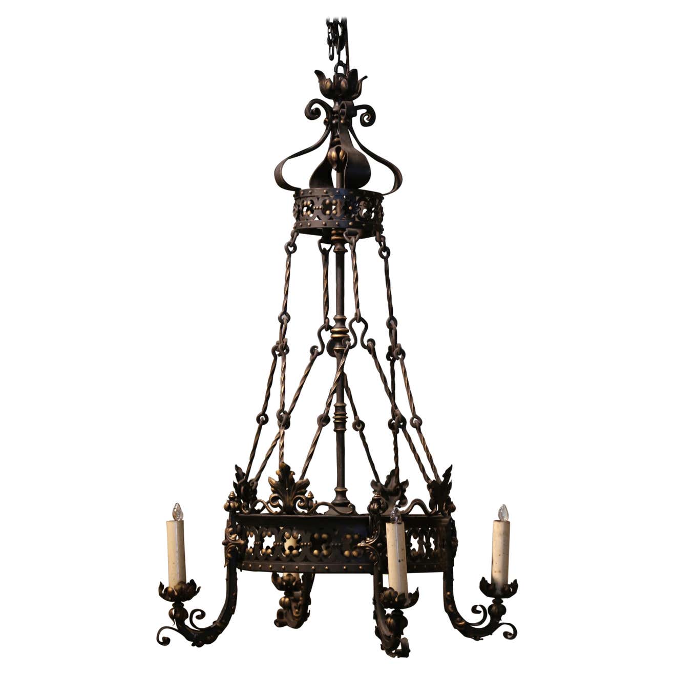 Bryde igennem trimme galdeblæren 19th Century French Gothic Black and Gilt Wrought Iron Four-Light  Chandelier - Country French Interiors