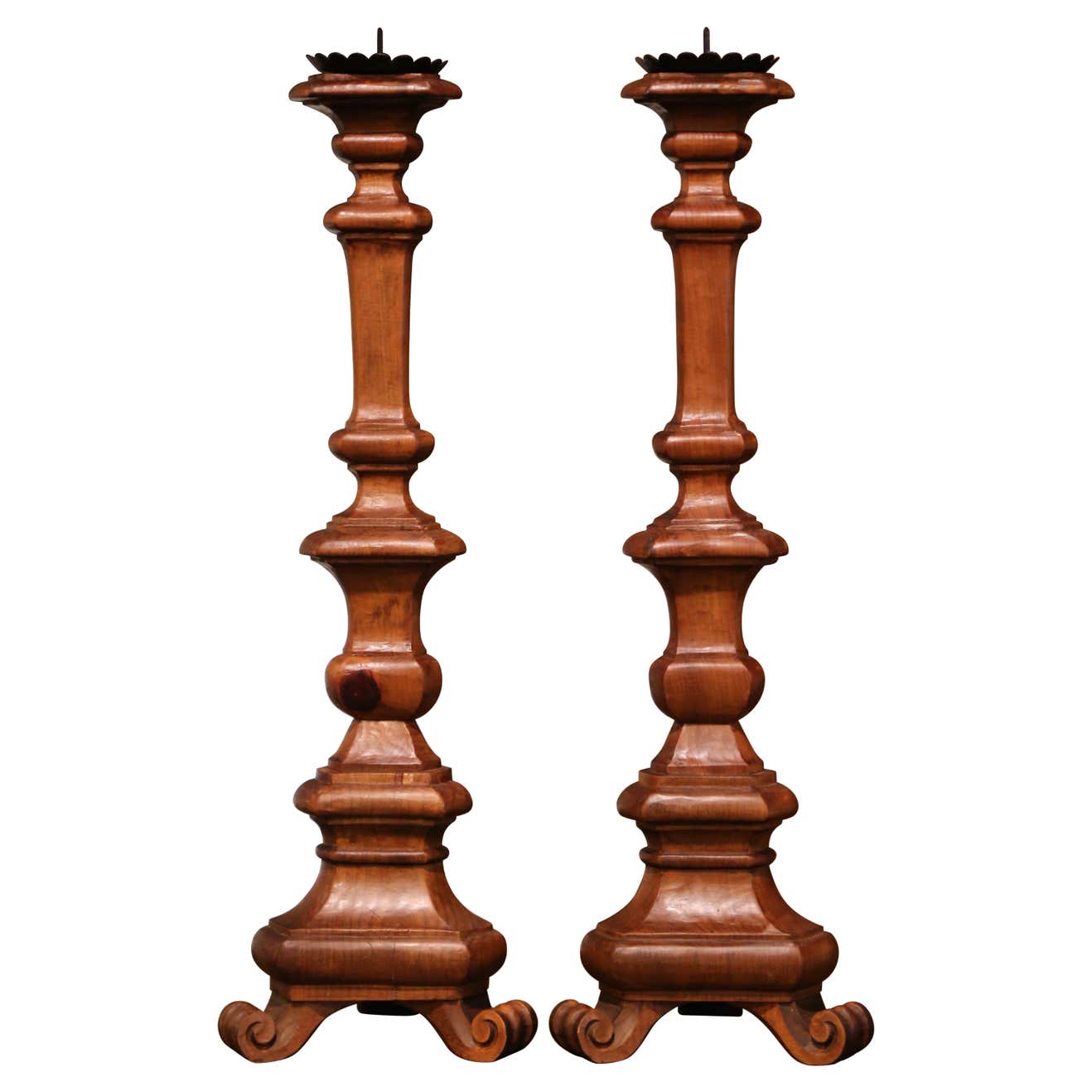 Pair of Mid-Century Italian Carved Elm Cathedral Pricket Candlesticks -  Country French Interiors