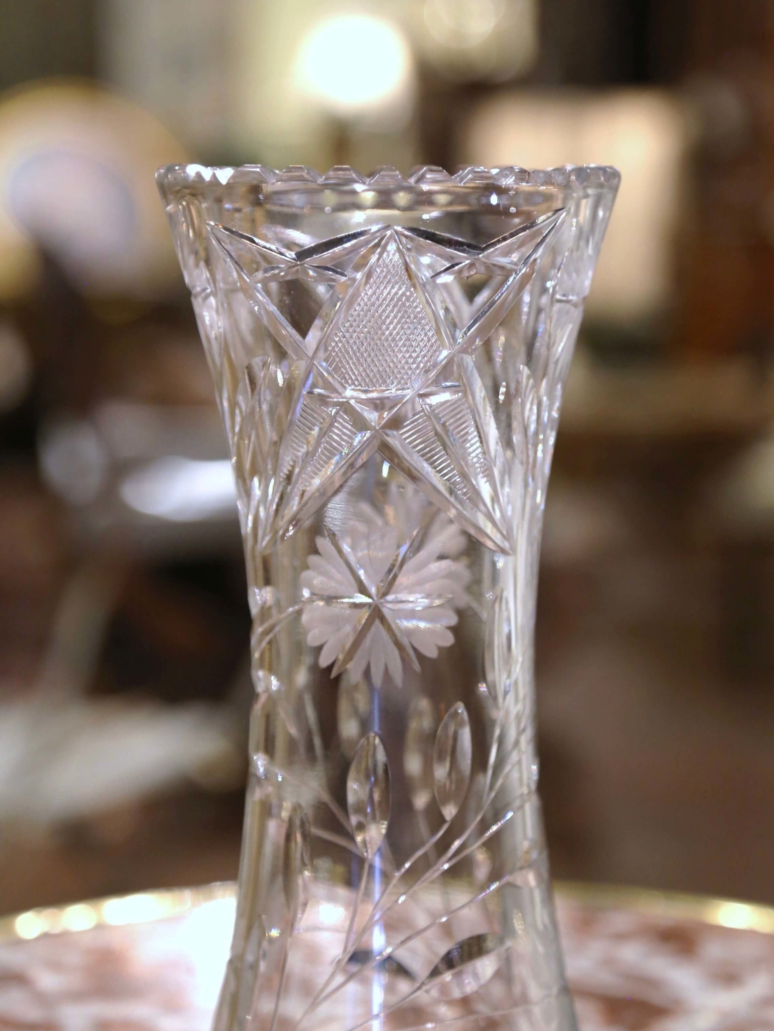 Vintage Cut Crystal Trumpet Vase with Frosted and Etched Leaf and