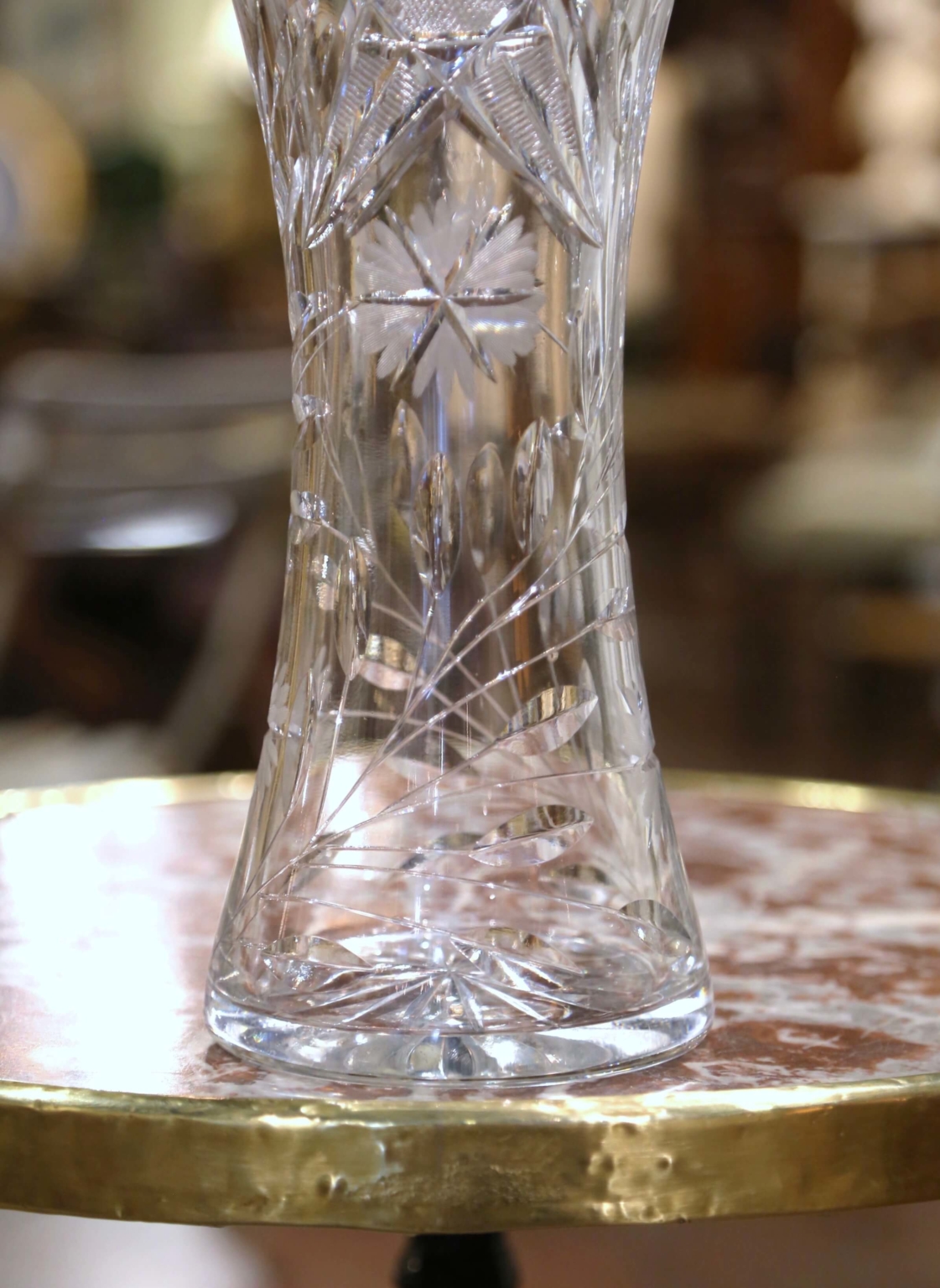 Vintage Cut Crystal Trumpet Vase with Frosted and Etched Leaf and