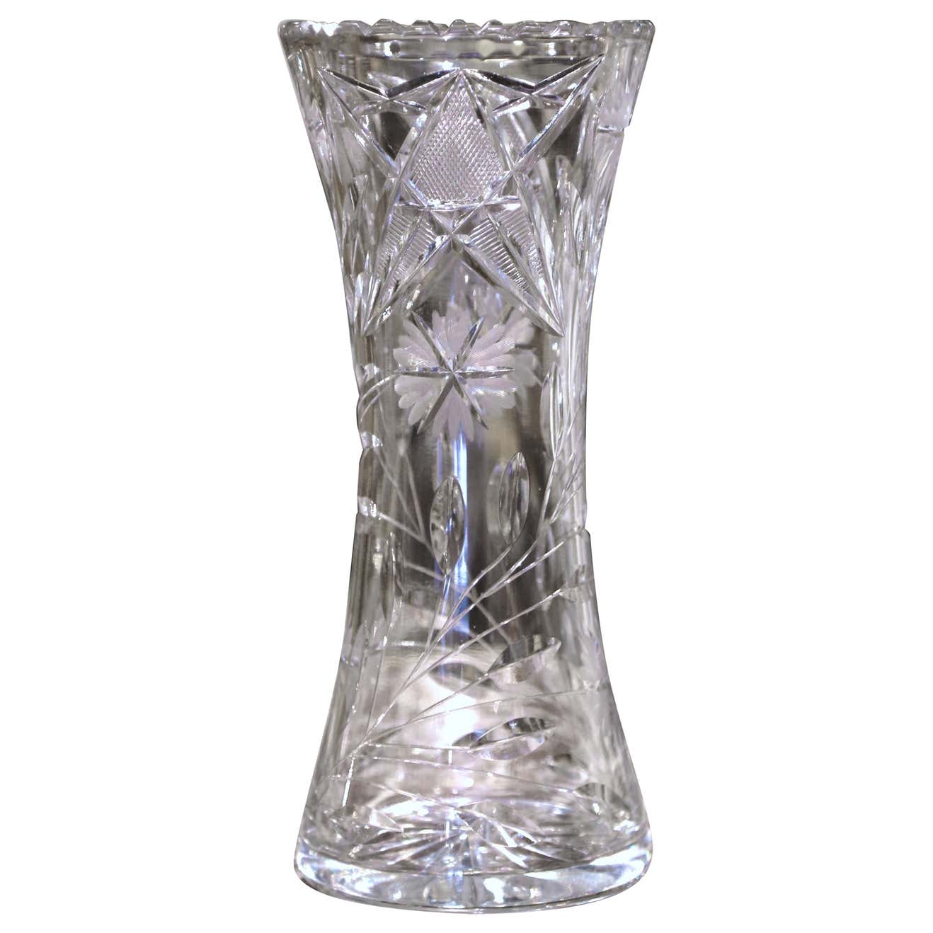 Vintage Cut Crystal Trumpet Vase with Frosted and Etched Leaf and Floral Motifs Country French Interiors