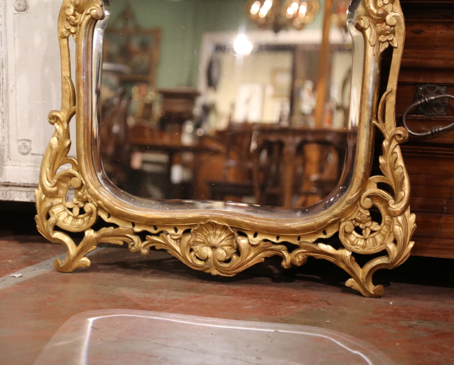 Antique French Louis Philippe Gilt Mirror with Scroll Cartouche