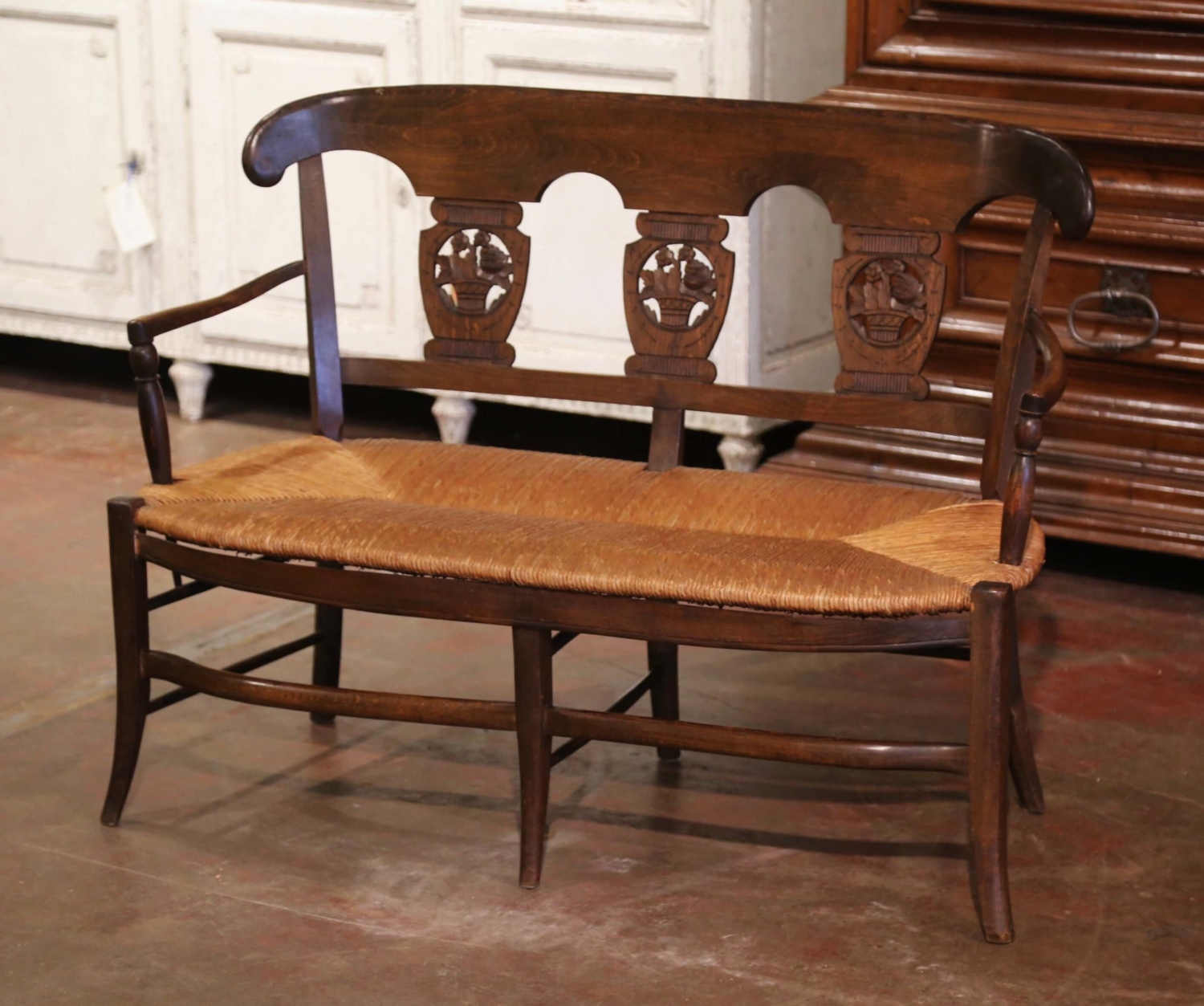 19th Century French Carved Beech Wood and Rush Settee Bench from Normandy -  Country French Interiors