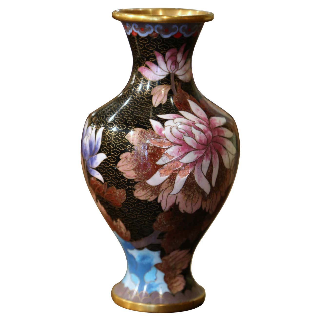 Vintage Chinese Cloisonne Enamel Vase with and Leaf Motifs Country French