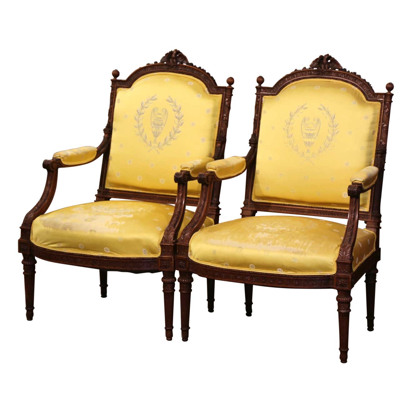 Pair of 19th C. French Louis XVI Style Walnut Fauteuils à la Reine  Armchairs - Le Louvre French Antiques