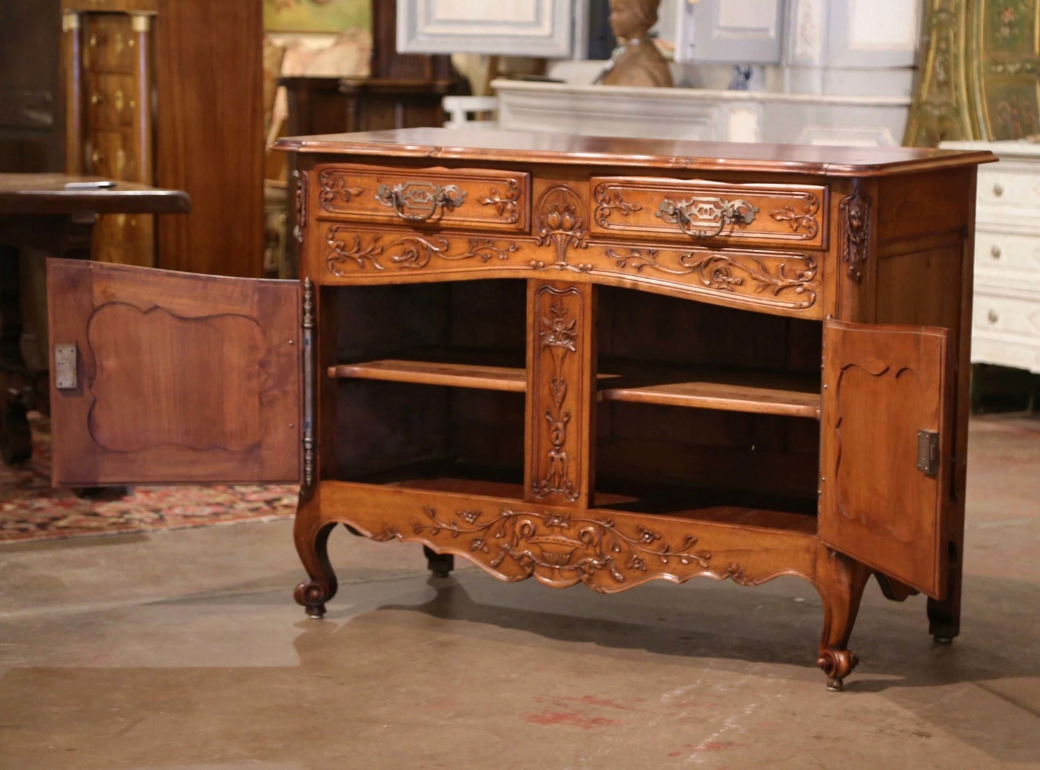 Antique French Country Louis XV Buffet Server Sideboard 4 Door