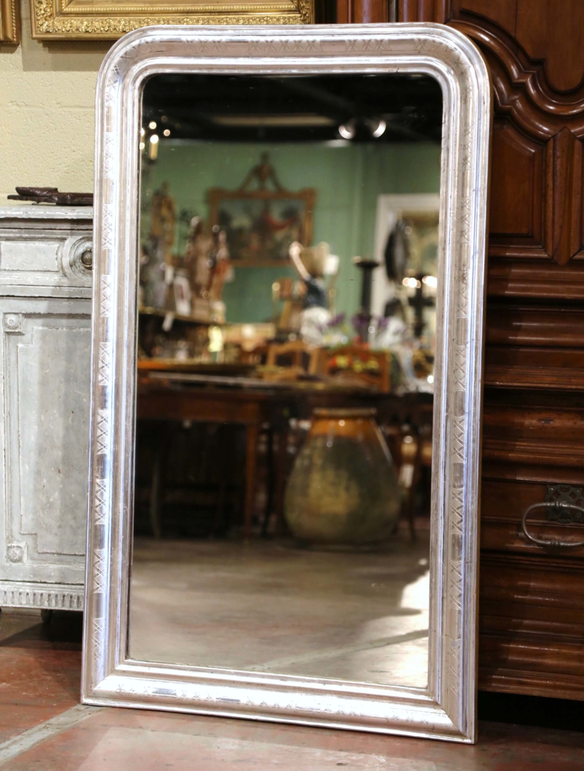19th Century French Louis Philippe Carved Silvered Mirror with Geometric  Decor - Country French Interiors