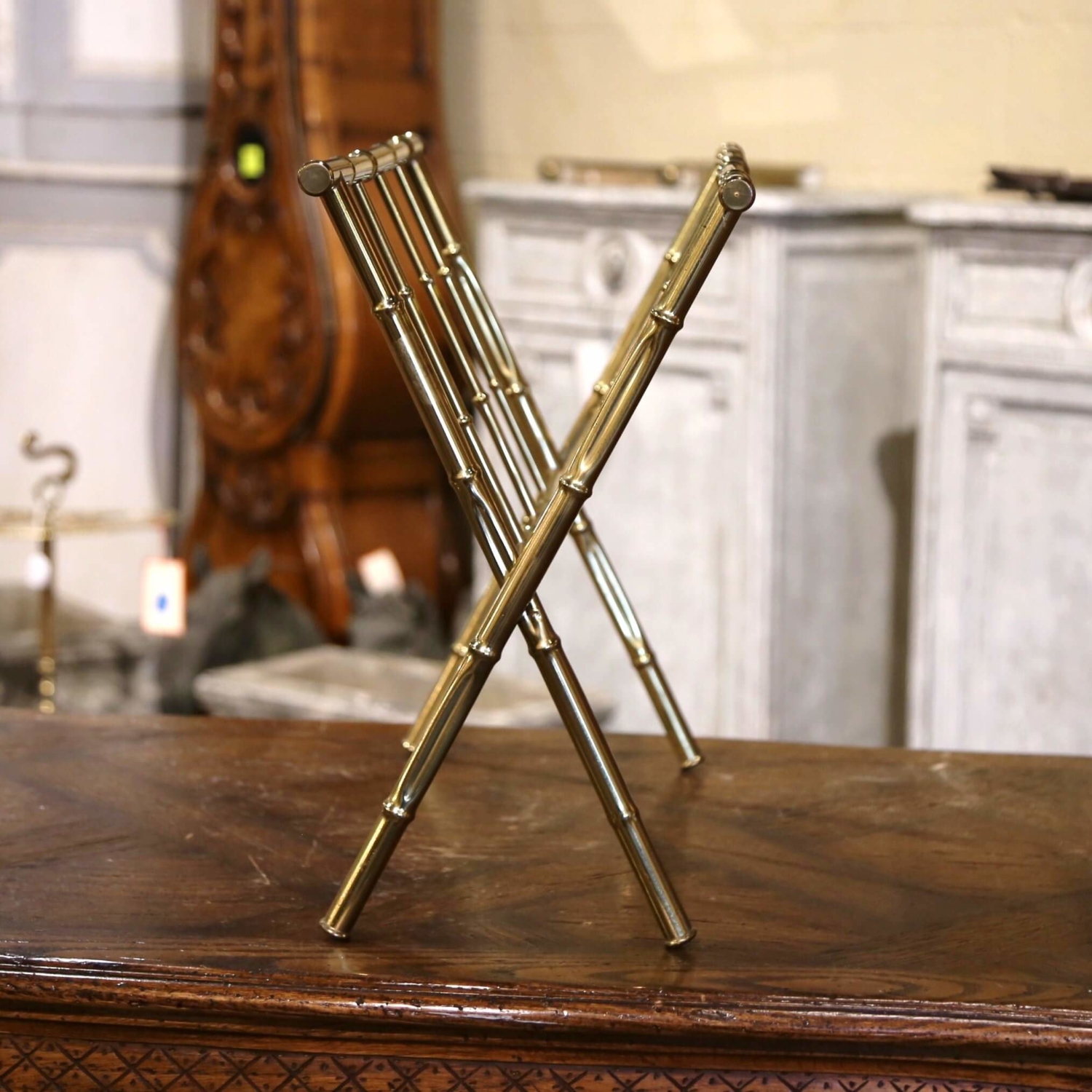 Mid-20th Century French Bamboo Brass Magazine Rack Maison Baguès