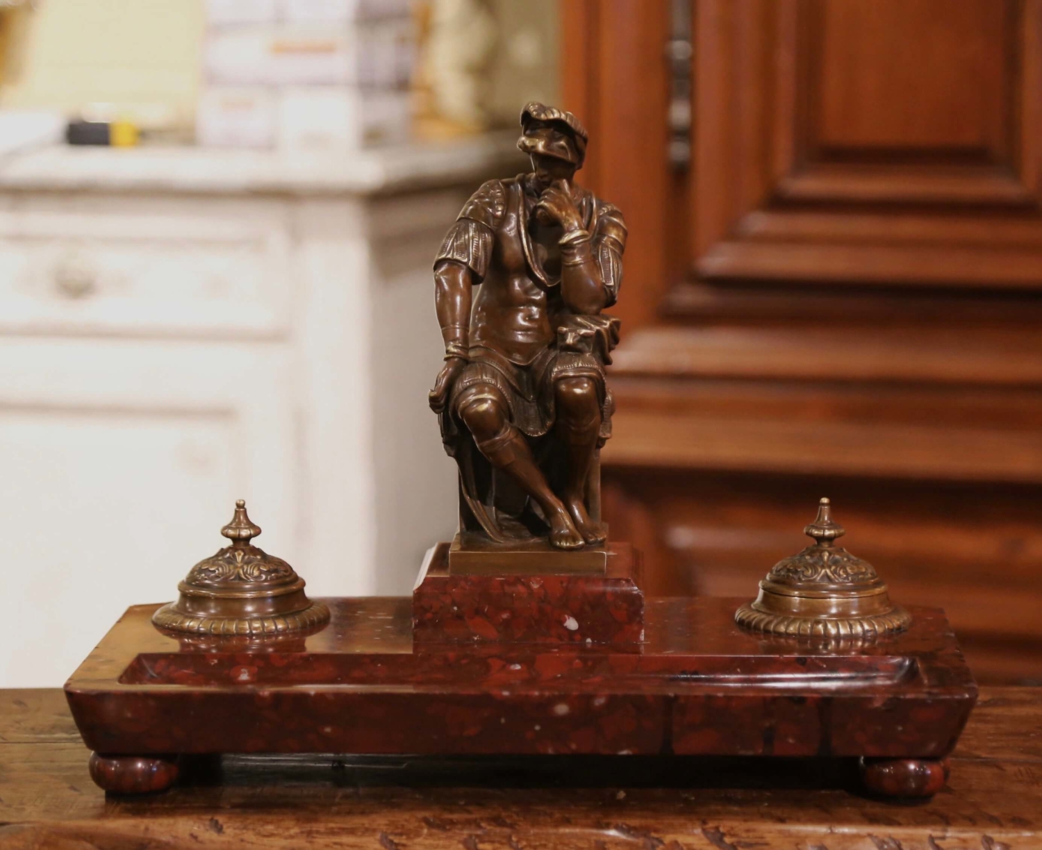 19th Century French Bronze Inkwell with Roman Figure on Brown