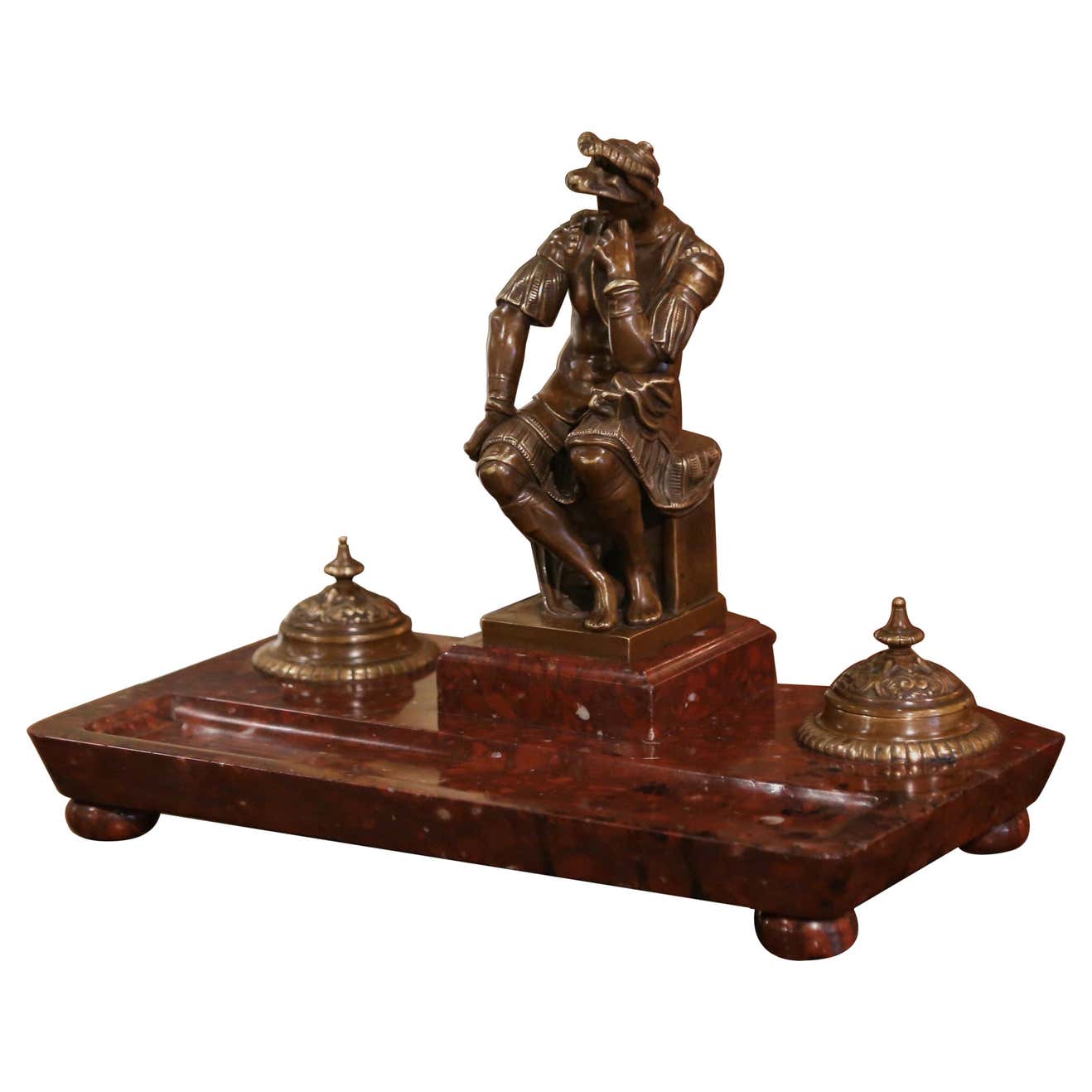 19th Century French Bronze Inkwell with Roman Figure on Brown
