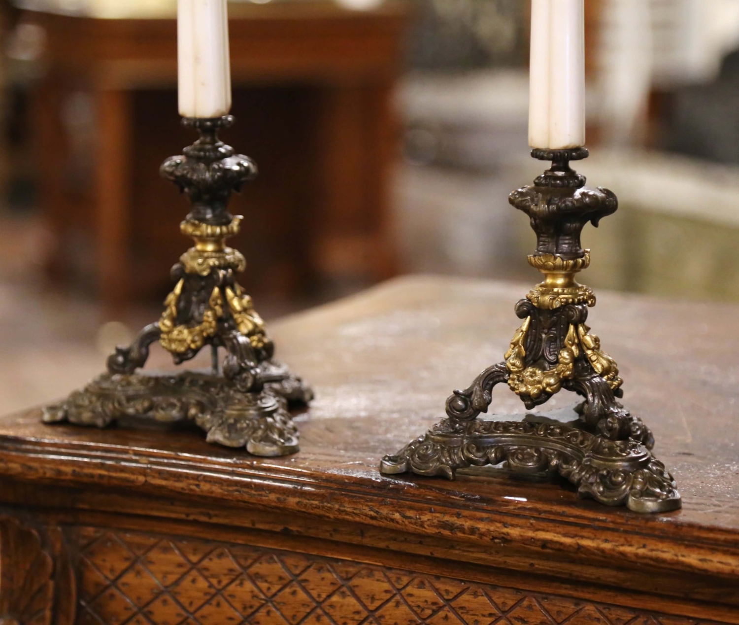 Pair of 19th Century French Napoleon III Bronze and Marble Candlesticks -  Country French Interiors