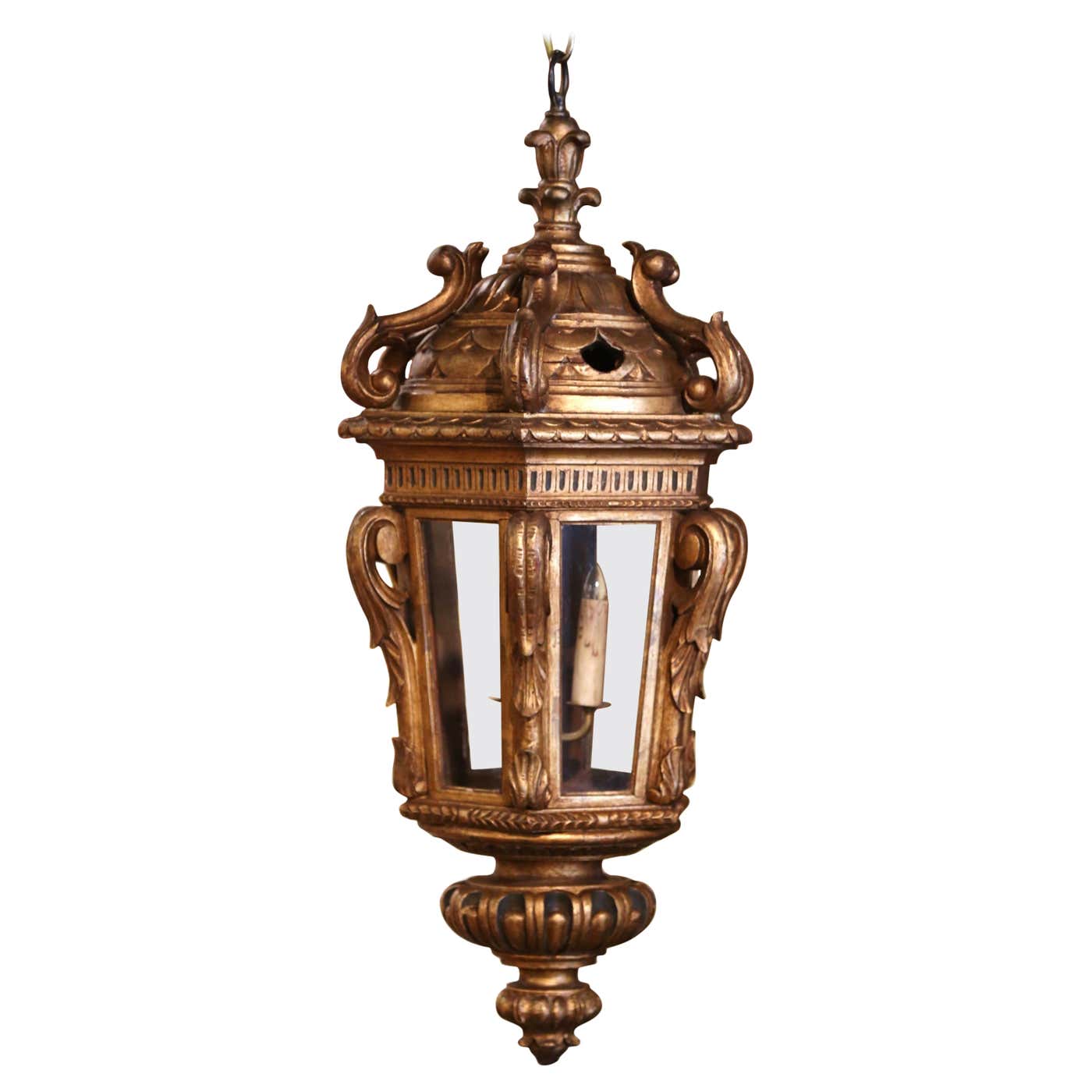 Mid-19th Century French Louis Rococo Giltwood Three-Light Lantern - Country French Interiors