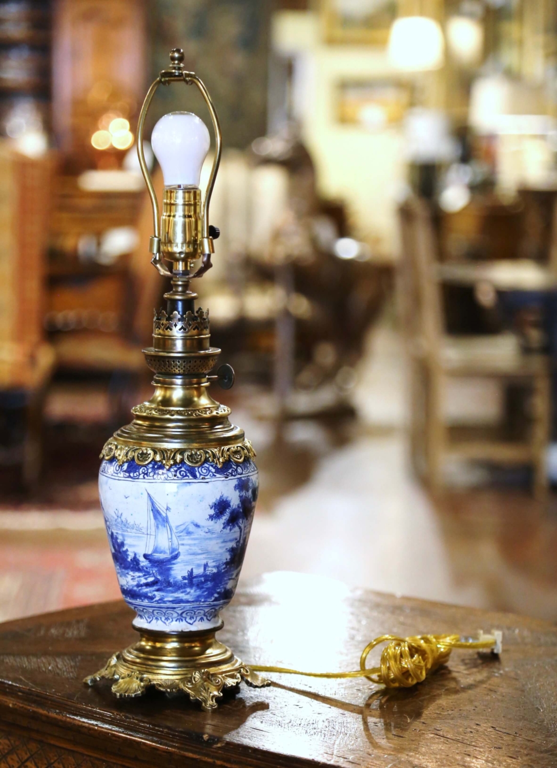 19th Century French Delft Blue and White Painted Porcelain and Brass Oil  Lamp - Country French Interiors