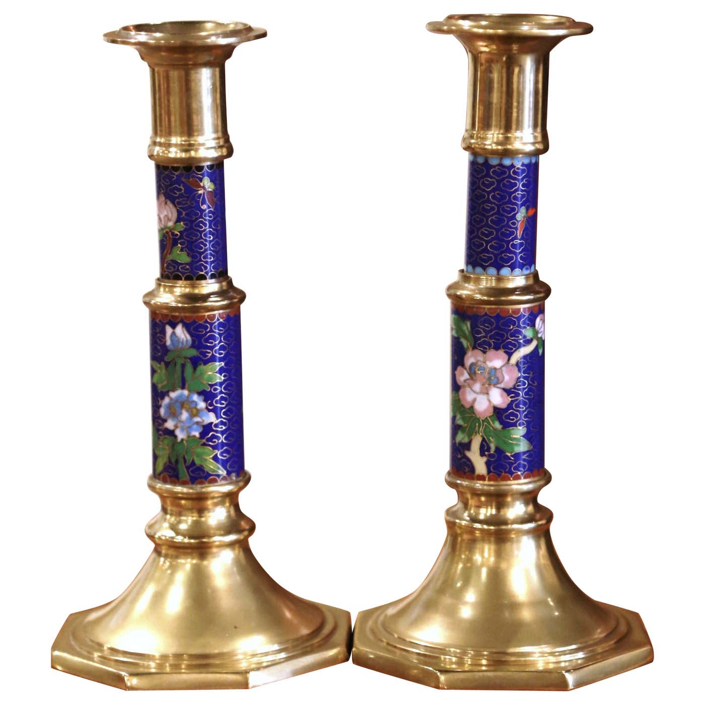 Pair of Vintage Brass Champleve Candle Holders with Floral & Leaf