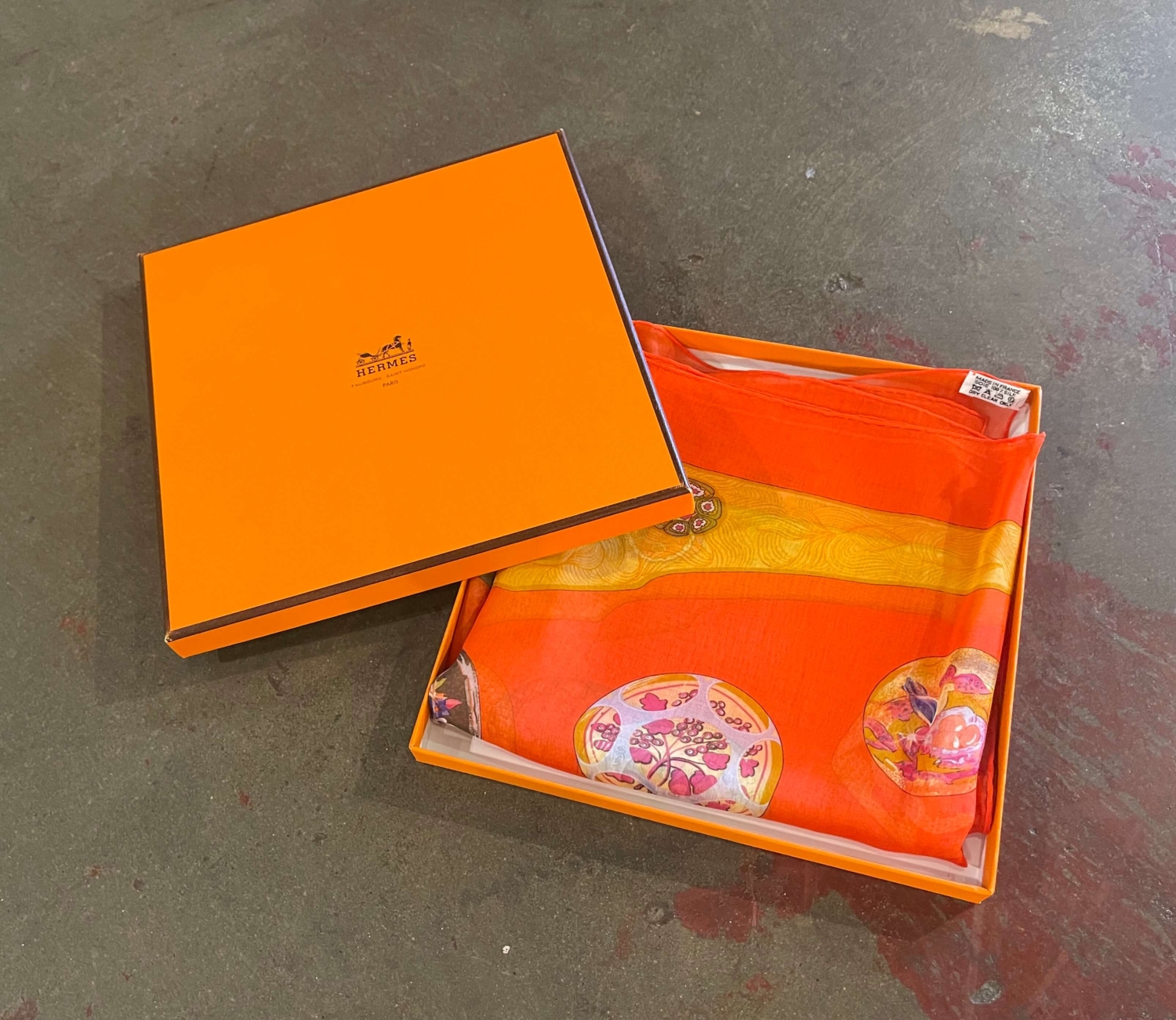 Vintage Orange Hermes Carre Sulfures Silk Scarf with Original