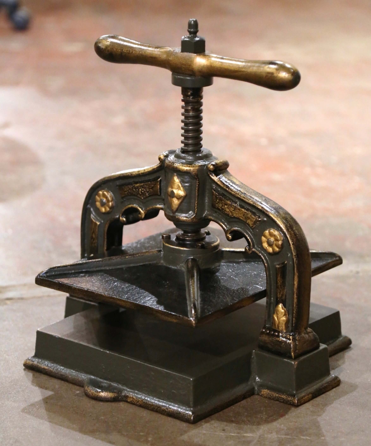 19th Century French Rust Red Painted Wrought Iron Book Binding Press with  Book - Country French Interiors