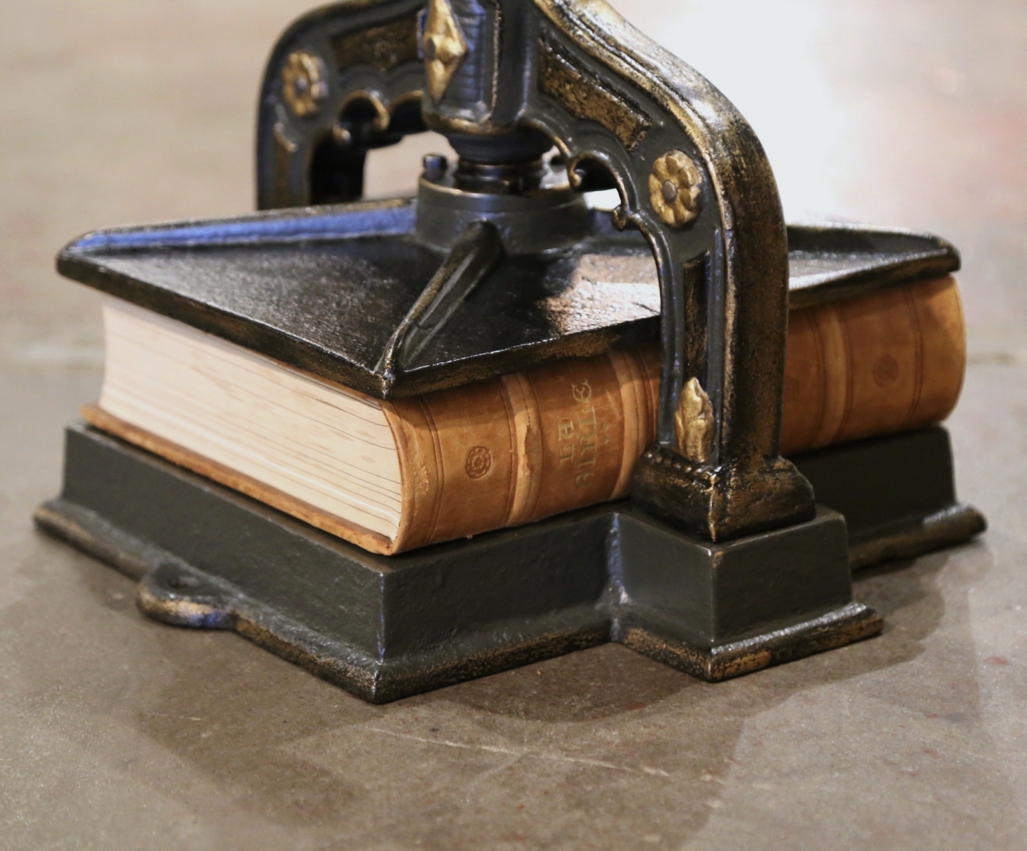 19th Century French Rust Red Painted Wrought Iron Book Binding Press with  Book - Country French Interiors