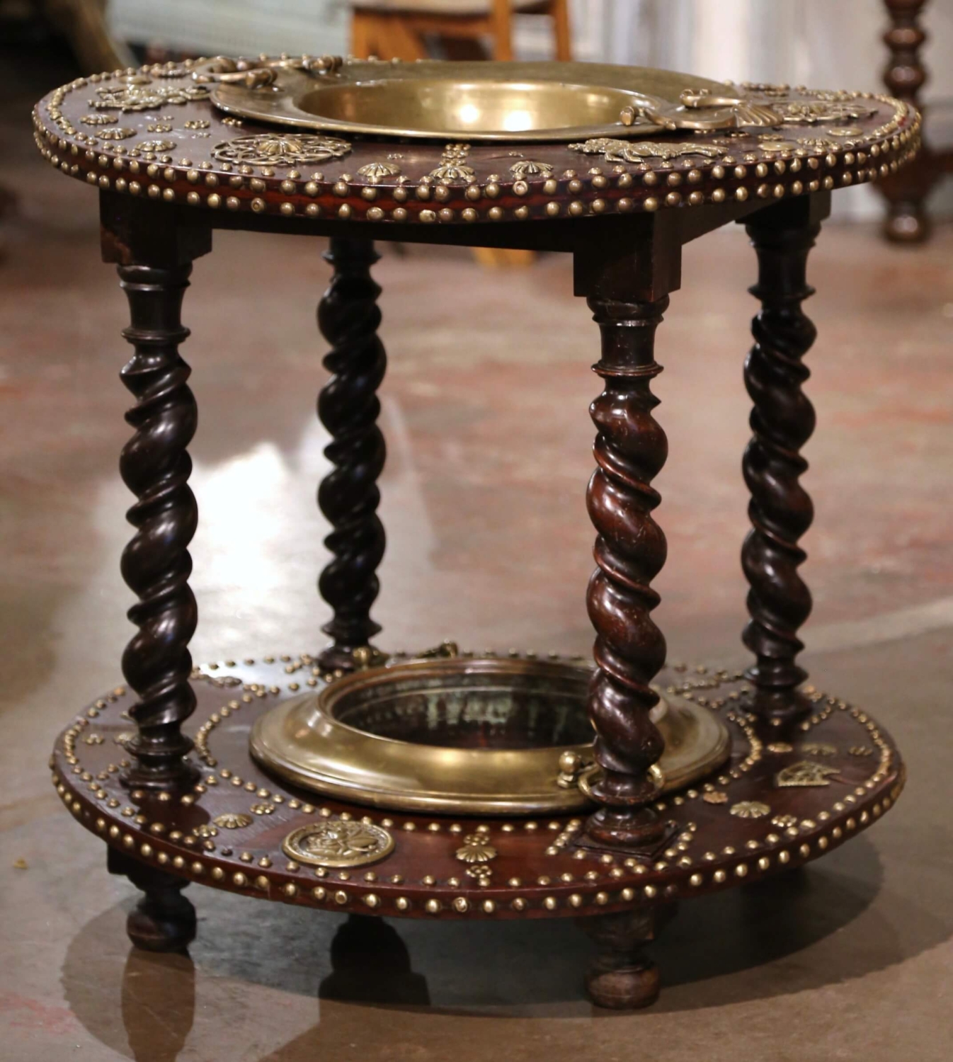 18th Century Spanish Carved Chestnut and Copper Brasero on Barley Twist  Legs - Country French Interiors