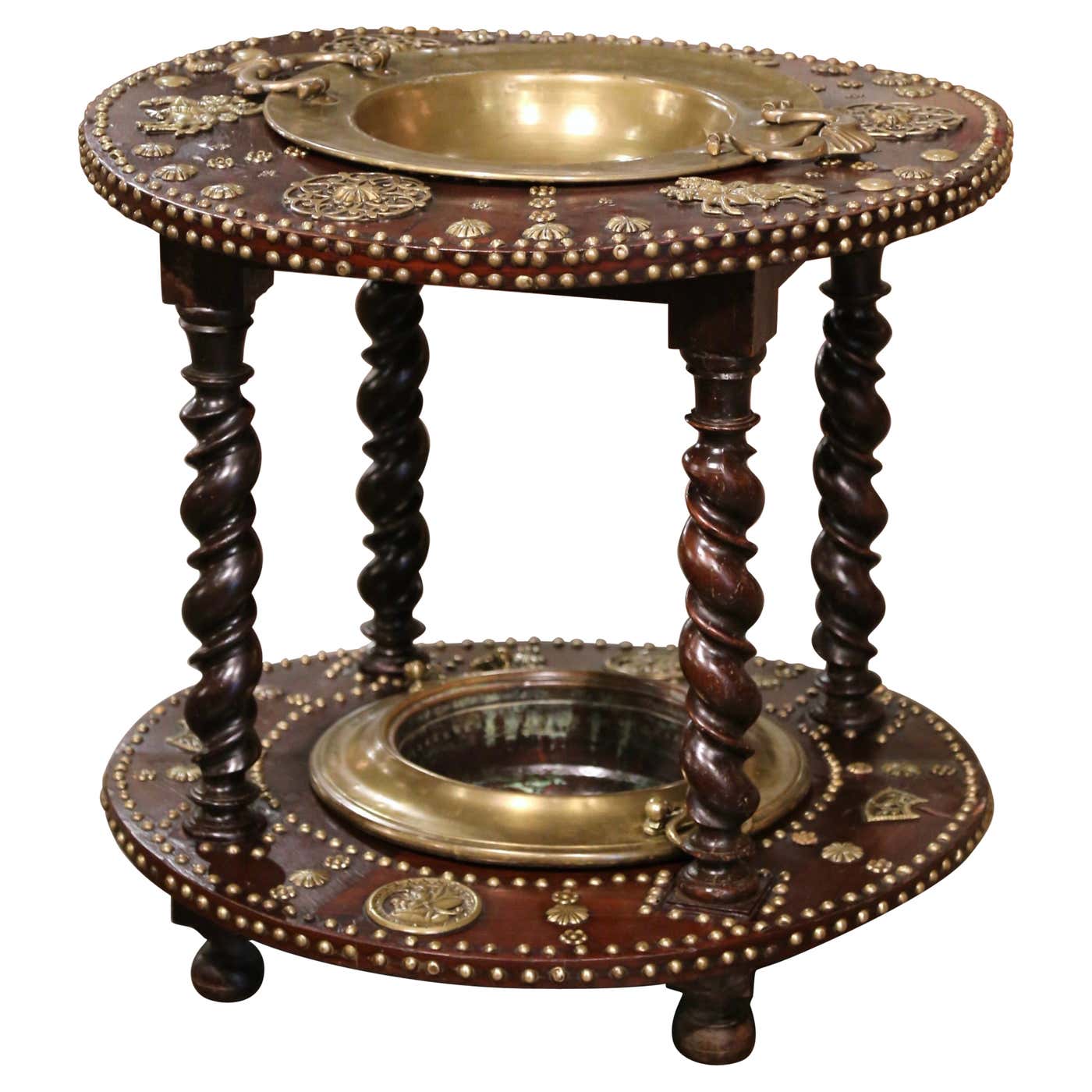 18th Century Spanish Carved Chestnut and Copper Brasero on