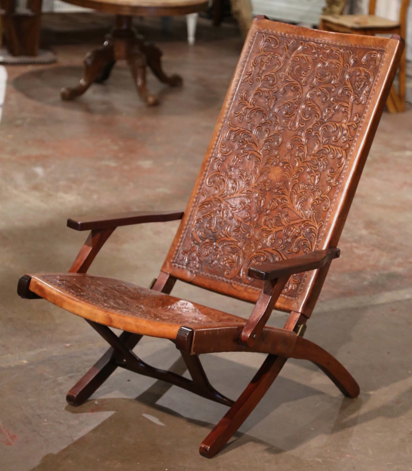 Mid-Century Spanish Carved Walnut Folding Chair With Original