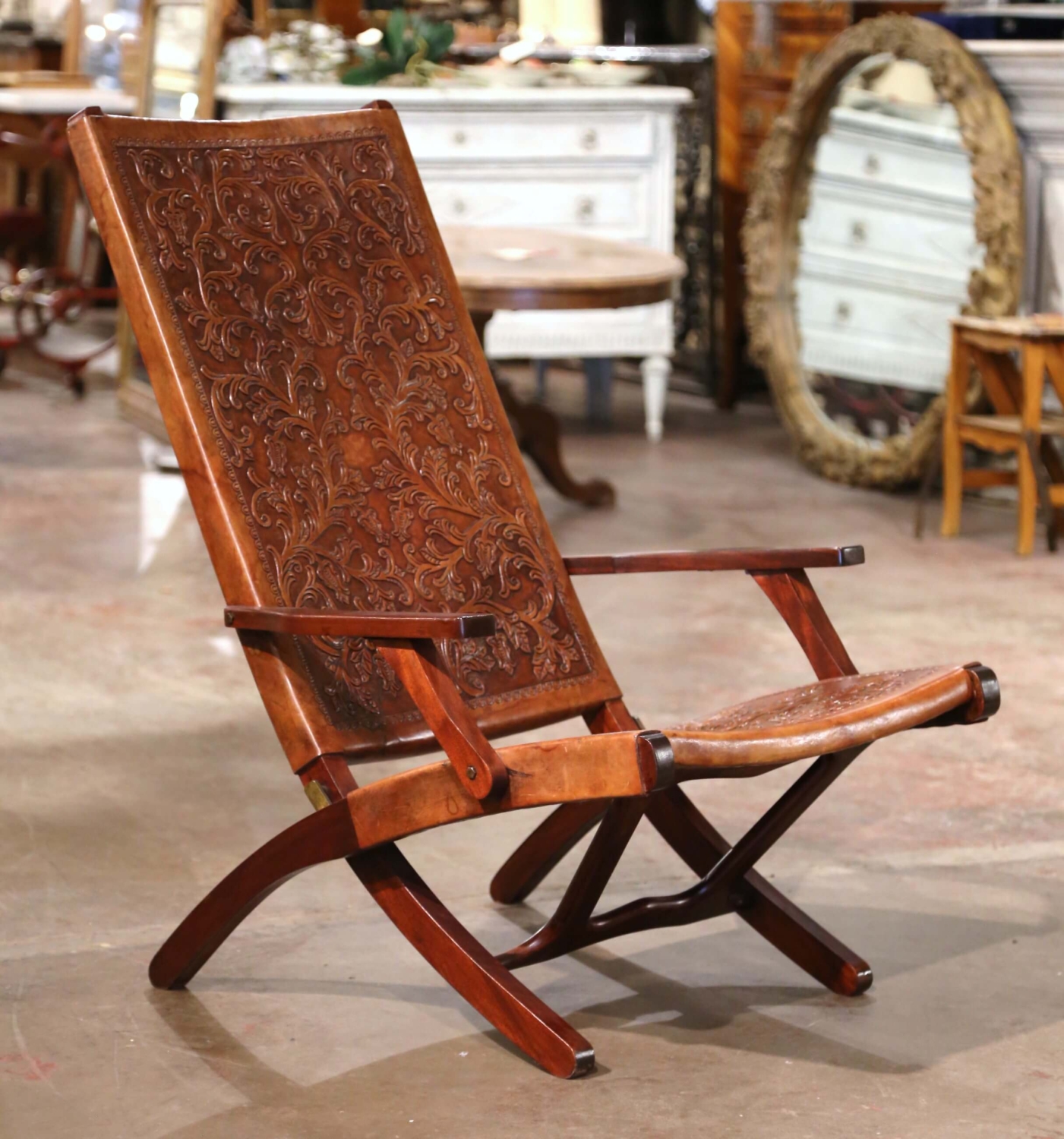 Mid-Century Spanish Carved Walnut Folding Chair With Original