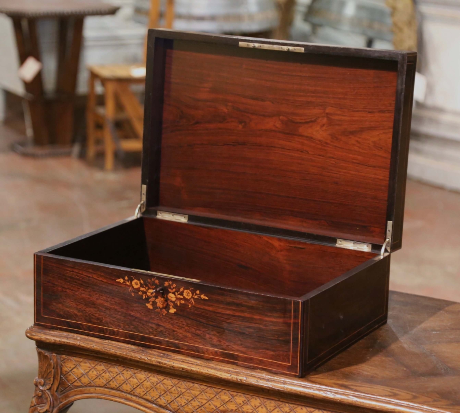 An antique rosewood sewing box with contents