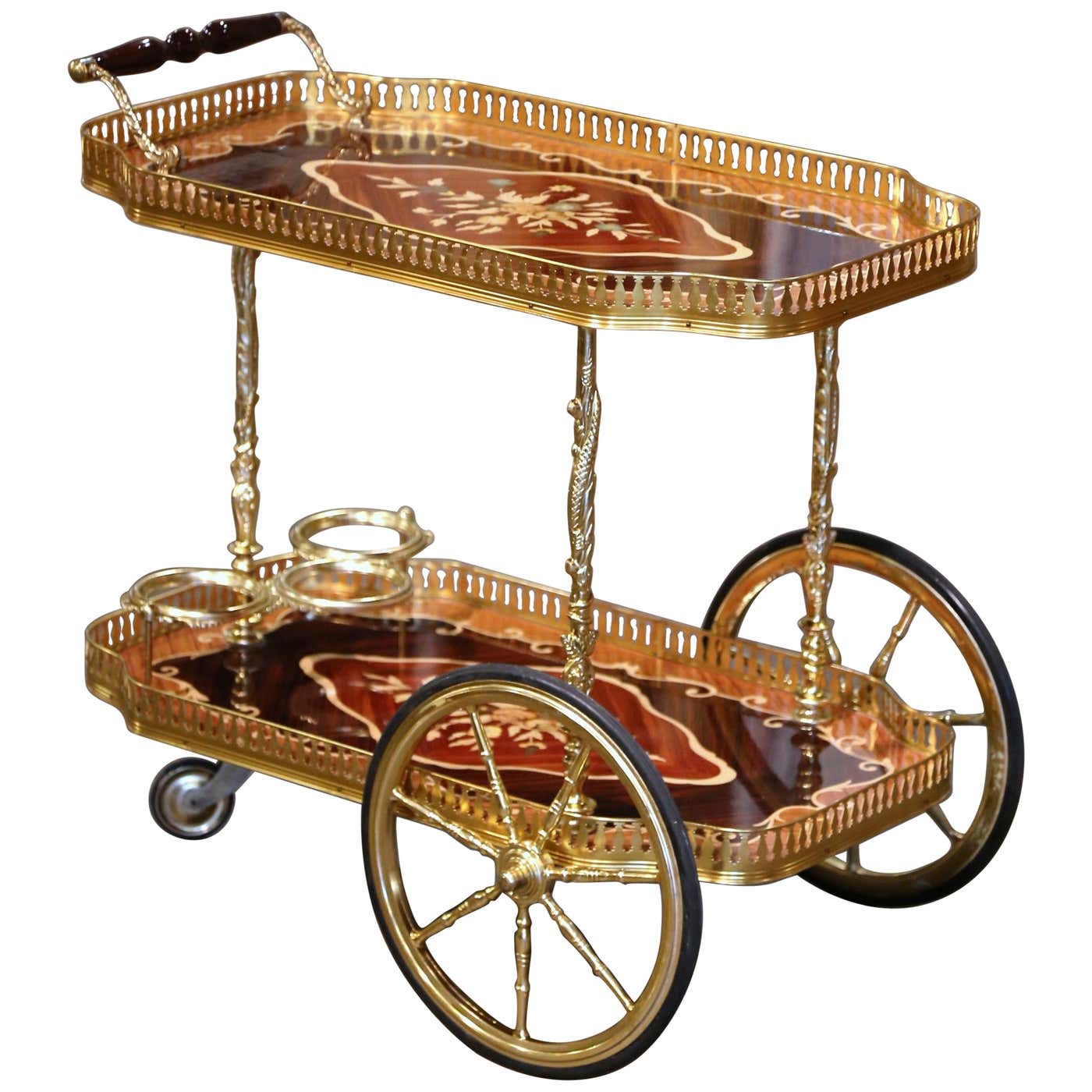 Late 20th Century Italian Floral Marquetry and Brass Service Bar Cart  Trolley - Country French Interiors