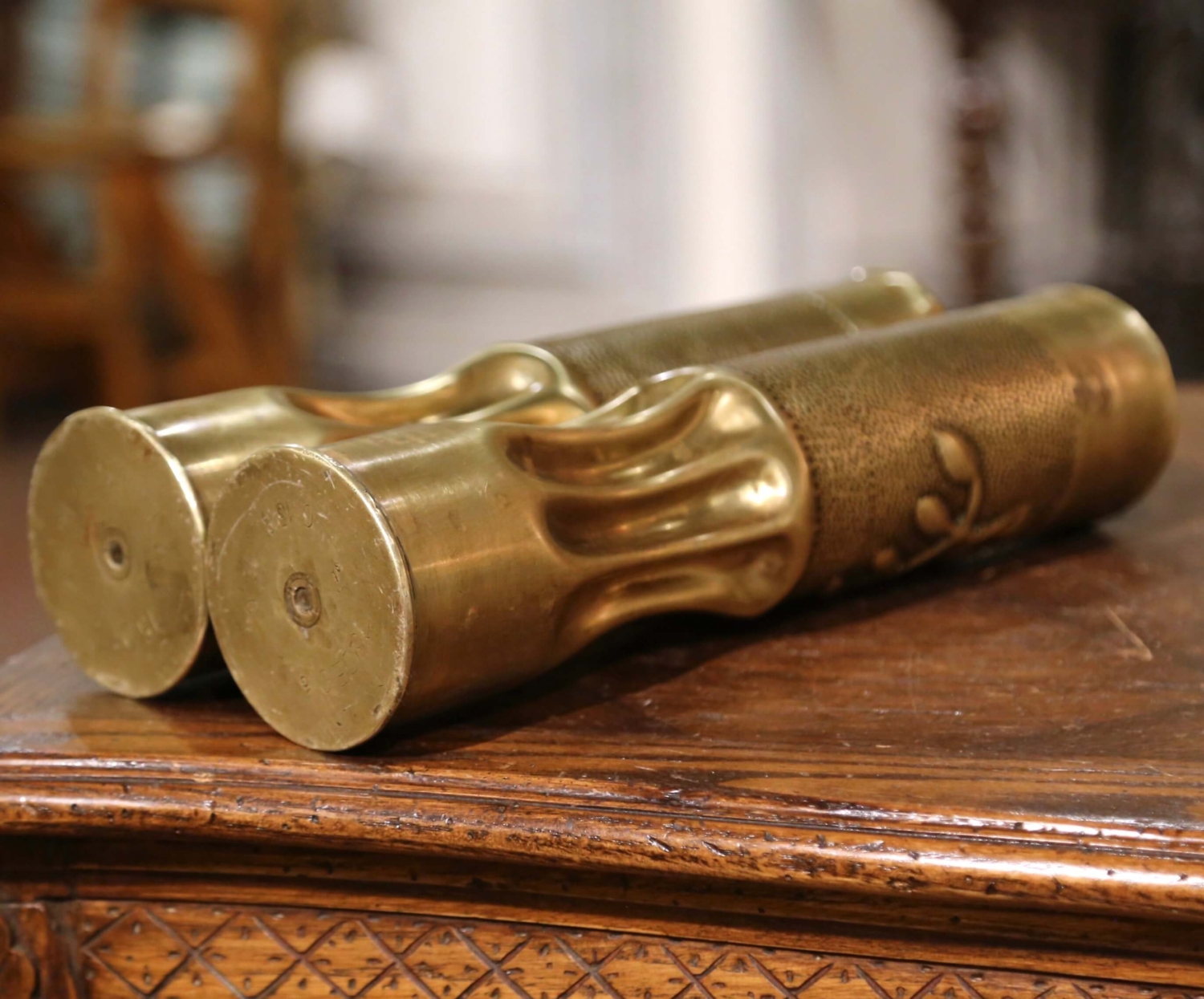 Pair of WW One French Trench Artillery Brass Shell Casings with Foliage  Motifs - Country French Interiors