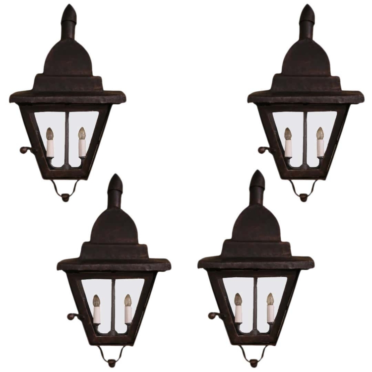 19th Century French Gothic Wrought Iron Two-Light Lanterns Sconces, Set of 4