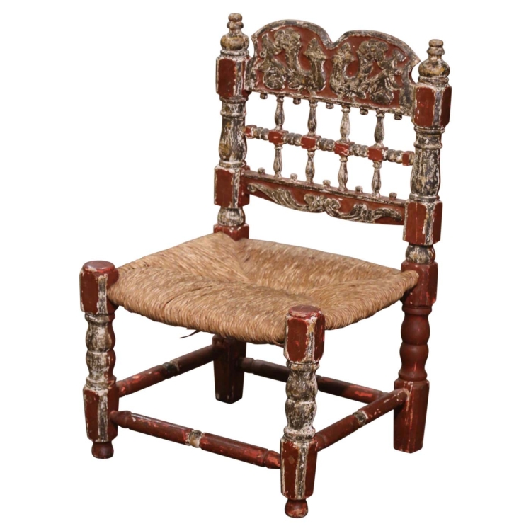 19th Century Spanish Catalan Painted Oak and Rush Seat Low Chair