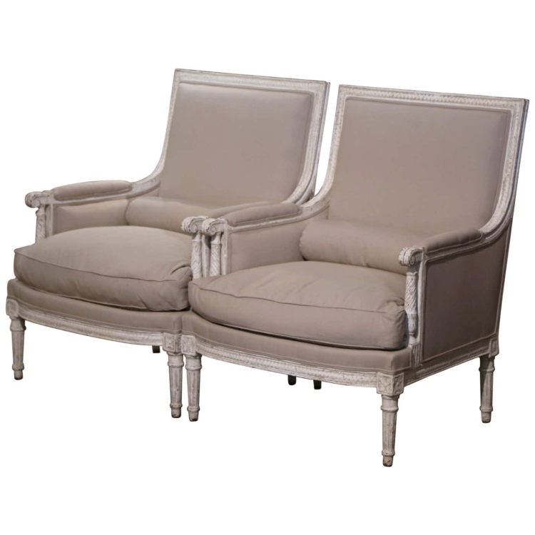 Pair of 19th Century French Louis XVI Carved Painted Upholstered Armchairs