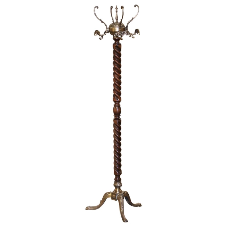 Early 20th Century French Walnut Barley Twist and Gilt Brass Standing Hall Tree